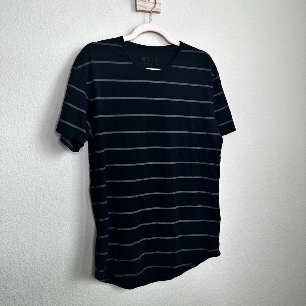 BYLT Drop Cut Short Sleeve Shirt Mens Medium Black Grey Striped Lux Crew Neck
